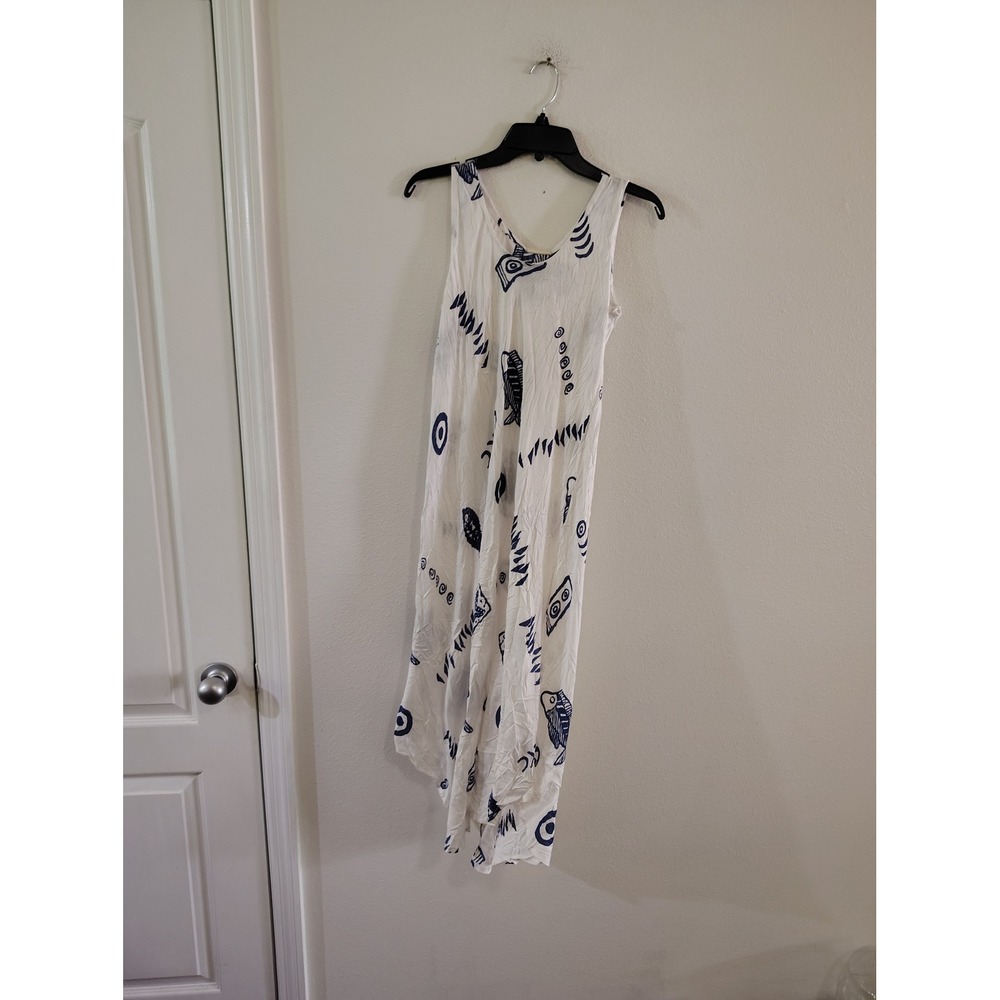 Exist Womens White Navy Fish Print Crinkle Sleeveless Midi Dress One Size NWT
